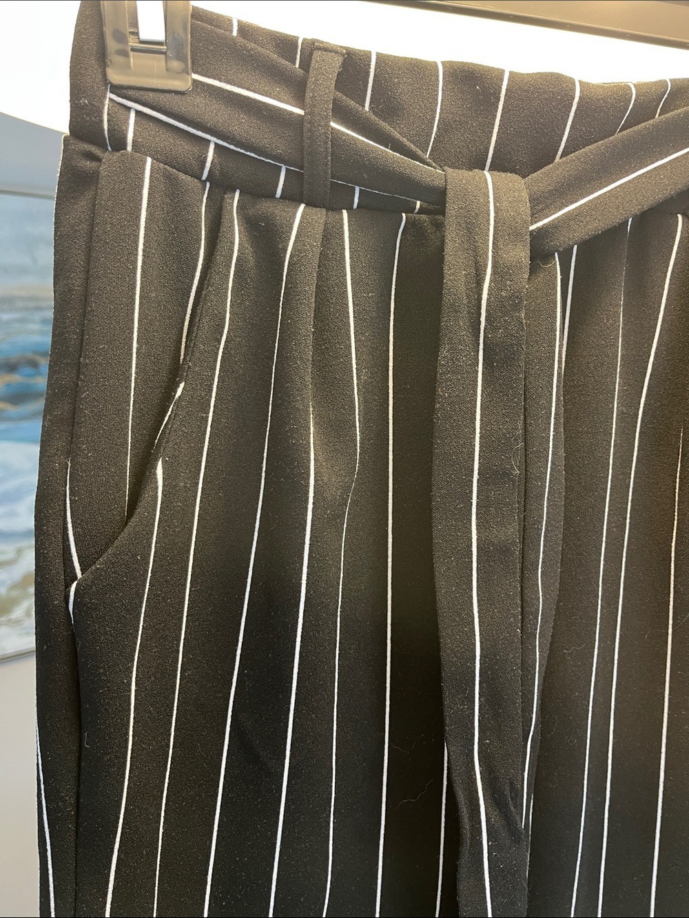 Dynamite Black with White Pinstripe Tie-Waist Dress Pants - Picture 2 of 6